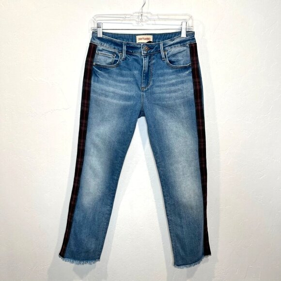 Driftwood Colette Straight Crop Fray Hem Plaid tuxedo stripe Jeans Denim Size 26 - Picture 3 of 9